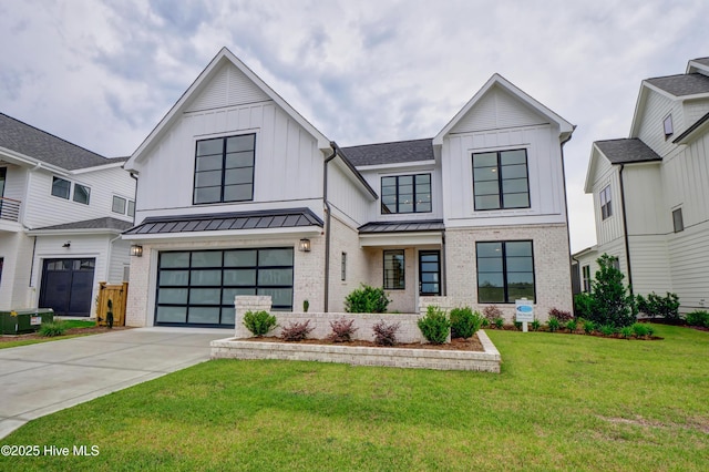 modern farmhouse style home with a garage and a front lawn