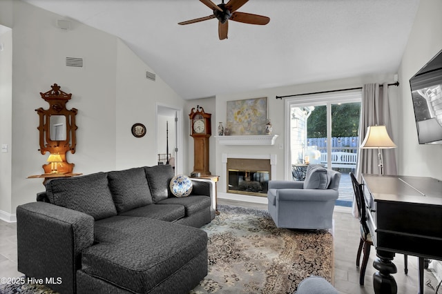 living room with vaulted ceiling and ceiling fan