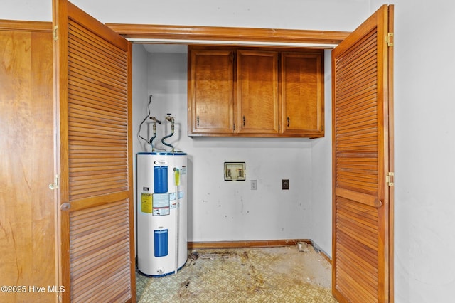 laundry area featuring cabinets, hookup for a washing machine, electric water heater, and hookup for an electric dryer