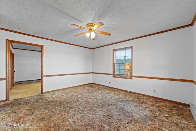 carpeted empty room with ornamental molding, a textured ceiling, ceiling fan, and a baseboard heating unit