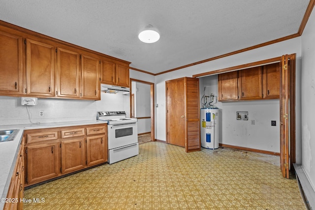 kitchen with a textured ceiling, electric range, crown molding, and water heater