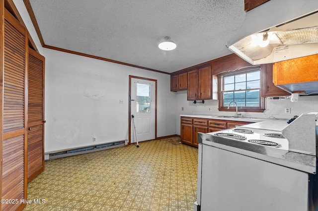 kitchen featuring stove, a baseboard heating unit, sink, ornamental molding, and extractor fan