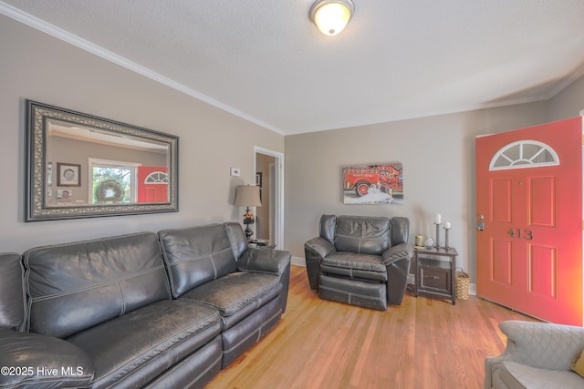 living room with hardwood / wood-style floors, a textured ceiling, and ornamental molding