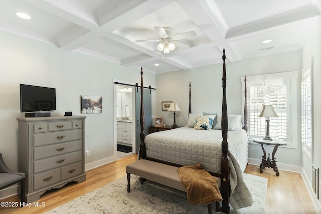 bedroom with light wood-type flooring, ensuite bath, coffered ceiling, ceiling fan, and beamed ceiling