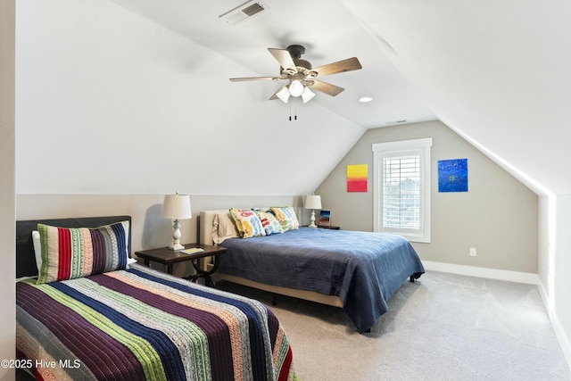 carpeted bedroom featuring ceiling fan and lofted ceiling