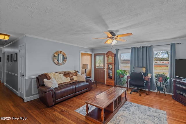 living room with ceiling fan, wood-type flooring, a textured ceiling, and ornamental molding