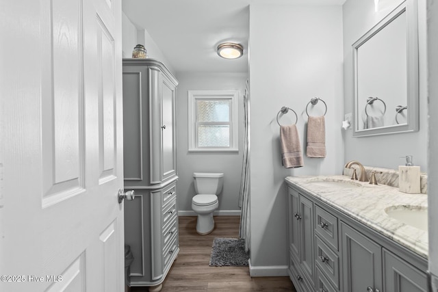 bathroom with toilet, vanity, and hardwood / wood-style flooring