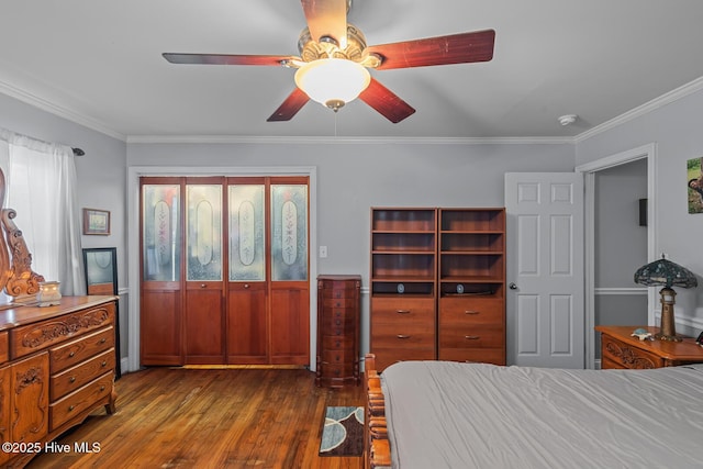 bedroom featuring dark wood-type flooring, a closet, ceiling fan, and ornamental molding