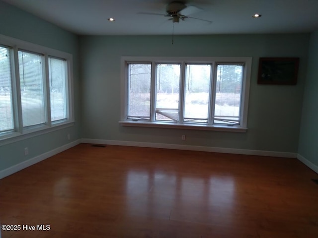 spare room with ceiling fan, wood-type flooring, and a wealth of natural light