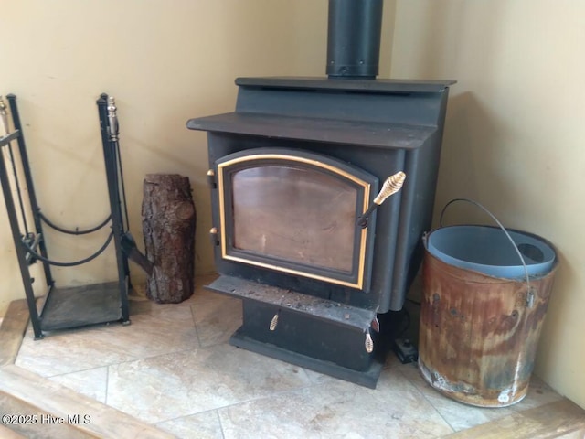 interior details with a wood stove