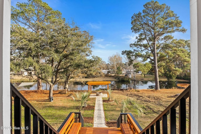 view of yard with a water view