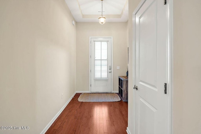 entryway with a tray ceiling and hardwood / wood-style flooring