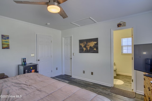 bedroom with ceiling fan, dark hardwood / wood-style flooring, ornamental molding, and ensuite bath