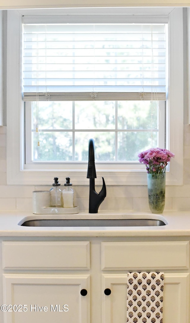 details with white cabinetry, sink, and decorative backsplash