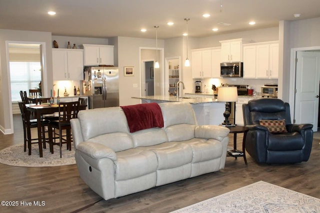 living room featuring dark hardwood / wood-style floors and sink