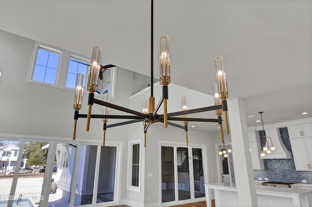 details featuring white cabinetry, premium range hood, and decorative backsplash