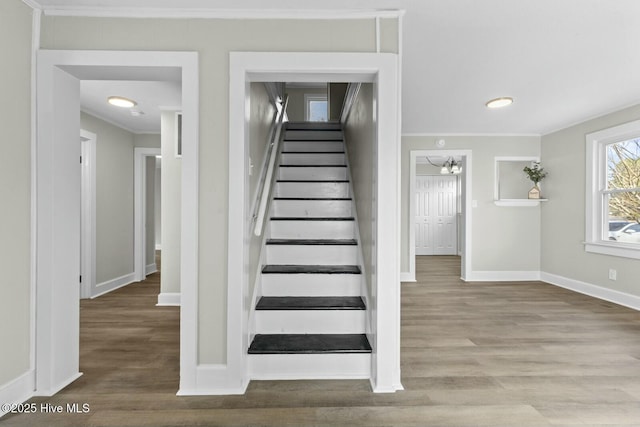 stairway with hardwood / wood-style floors and crown molding