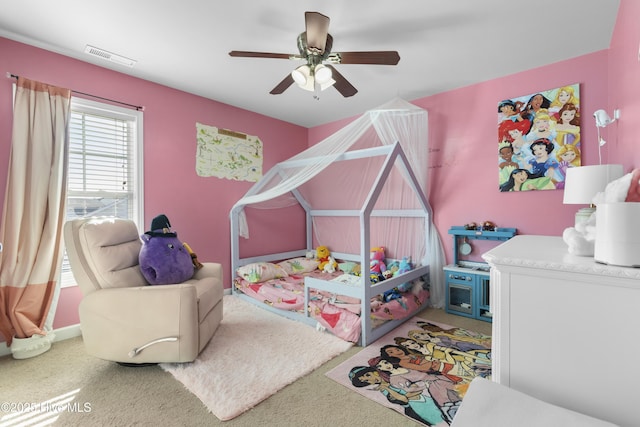 playroom featuring carpet flooring and ceiling fan