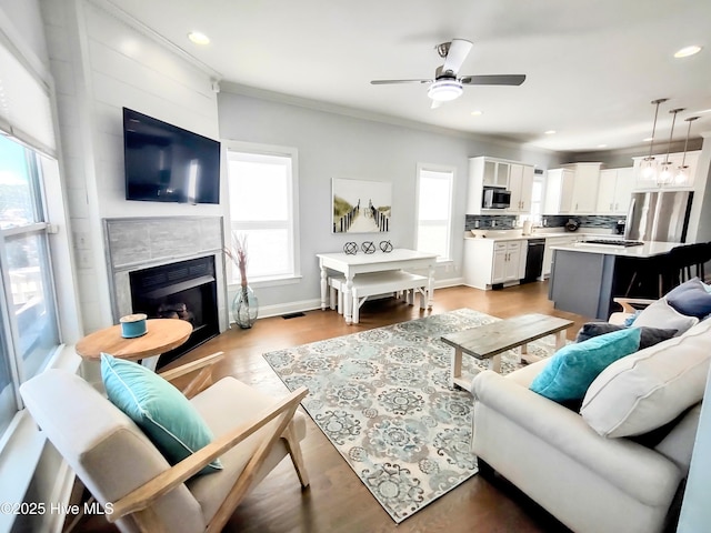 living room with ceiling fan, a large fireplace, a healthy amount of sunlight, and ornamental molding