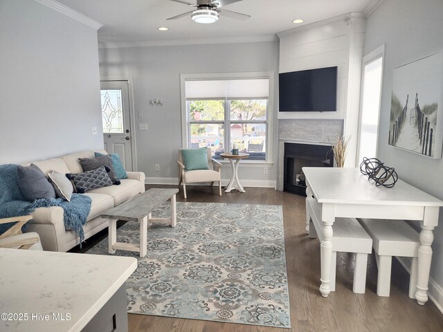 living room featuring ornamental molding, a fireplace, and wood-type flooring