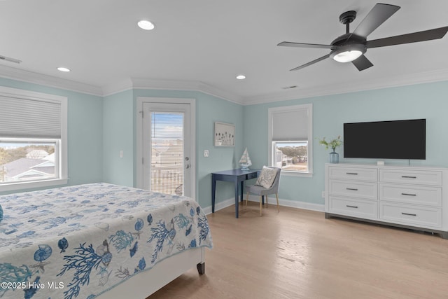 bedroom featuring crown molding, access to outside, light hardwood / wood-style floors, and ceiling fan