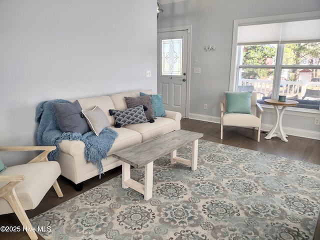 living room with plenty of natural light and dark hardwood / wood-style floors