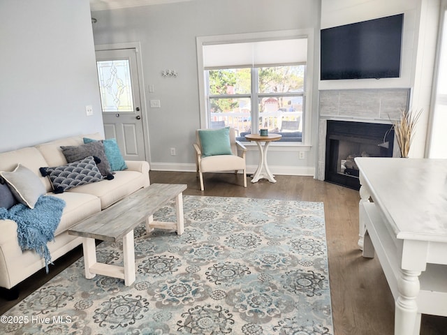 living room featuring a tile fireplace, plenty of natural light, and wood-type flooring