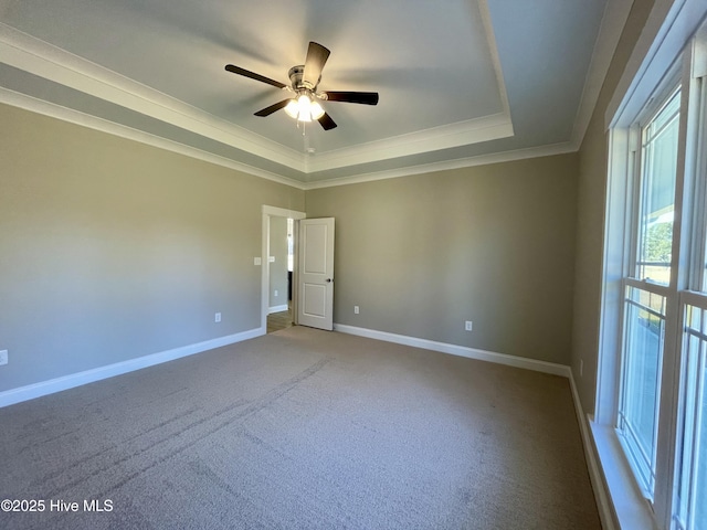 carpeted empty room with ceiling fan, a raised ceiling, and ornamental molding