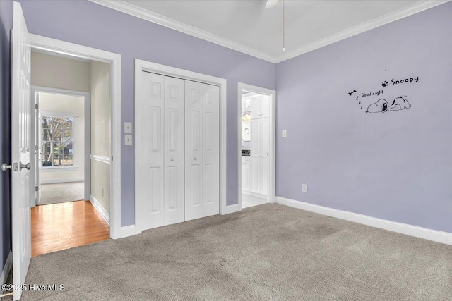 unfurnished bedroom featuring carpet floors, a closet, ceiling fan, and crown molding