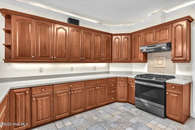 kitchen with decorative backsplash, stainless steel stove, and ornamental molding