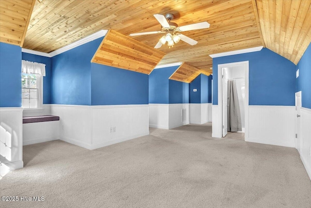 interior space with light carpet and wooden ceiling