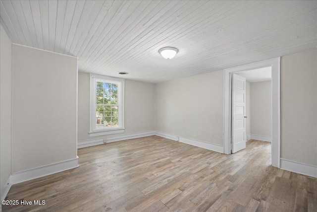 spare room with light hardwood / wood-style flooring and wood ceiling