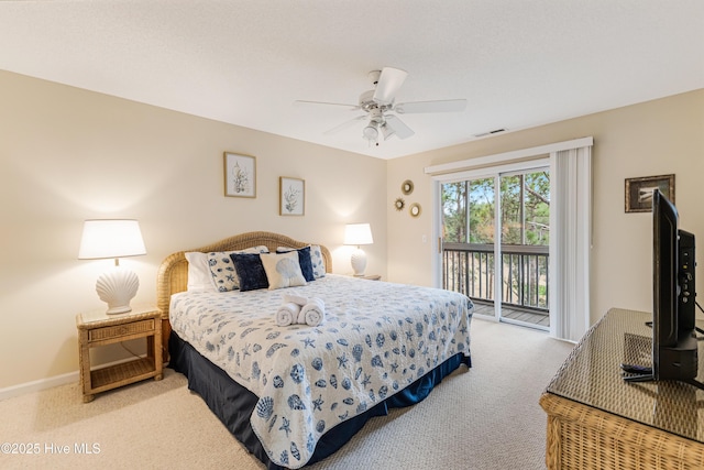 bedroom featuring ceiling fan, carpet floors, and access to outside