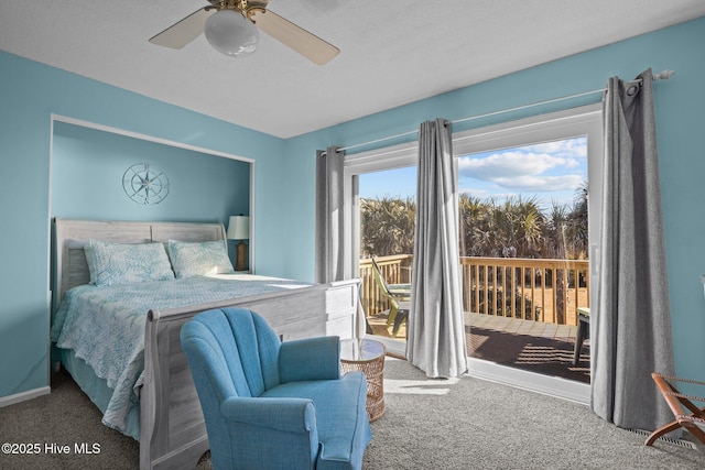 carpeted bedroom with access to exterior and ceiling fan