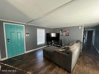 living room with dark hardwood / wood-style flooring