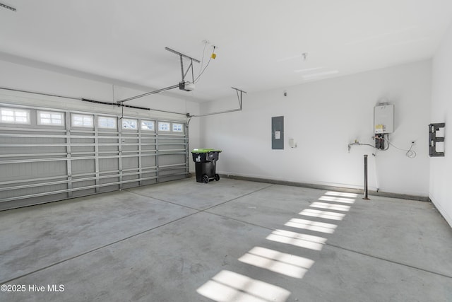 garage with electric panel, water heater, and a garage door opener