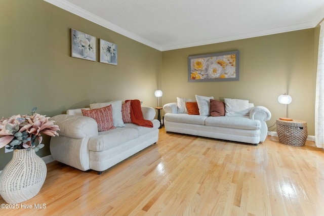 living room featuring hardwood / wood-style floors and crown molding