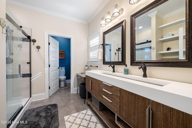 bathroom with an enclosed shower, vanity, ornamental molding, and toilet