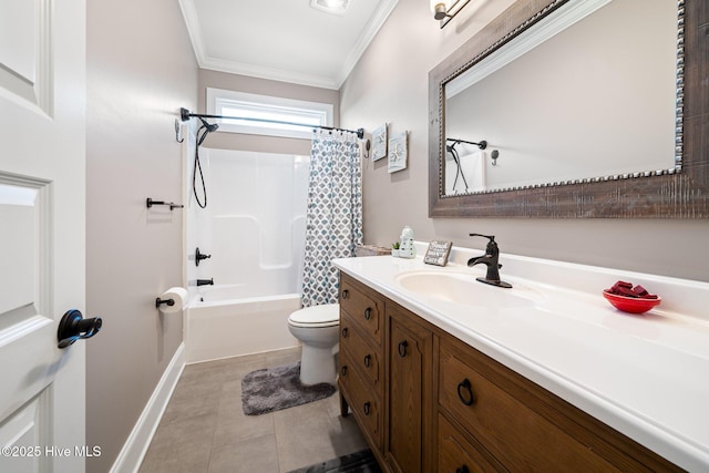 full bathroom featuring crown molding, vanity, tile patterned floors, toilet, and shower / bath combo with shower curtain