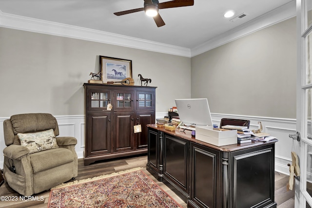 office area featuring ceiling fan, light hardwood / wood-style flooring, and ornamental molding