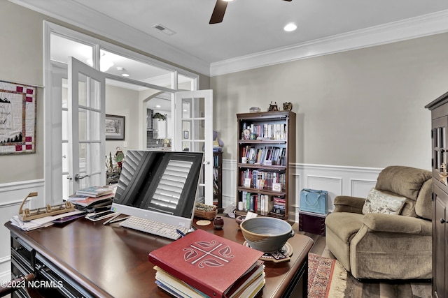 office with ceiling fan, crown molding, and french doors