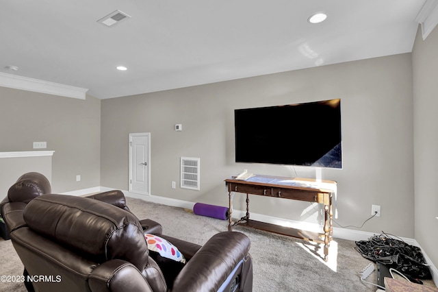 living room featuring light carpet and ornamental molding