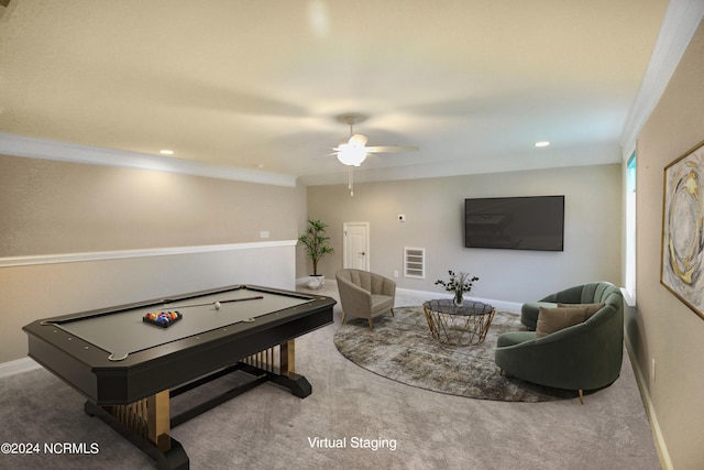 rec room featuring carpet floors, ceiling fan, crown molding, and billiards