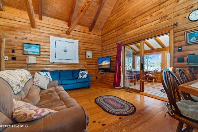 living room featuring high vaulted ceiling, wood-type flooring, rustic walls, beamed ceiling, and wood ceiling