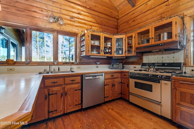 kitchen featuring high vaulted ceiling, sink, stainless steel dishwasher, light hardwood / wood-style floors, and range with gas cooktop