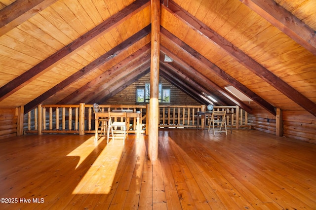 additional living space featuring log walls, vaulted ceiling with beams, wooden walls, wood ceiling, and hardwood / wood-style flooring