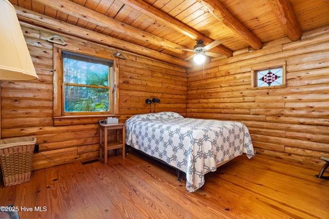 bedroom with wood-type flooring, rustic walls, wood ceiling, and beam ceiling