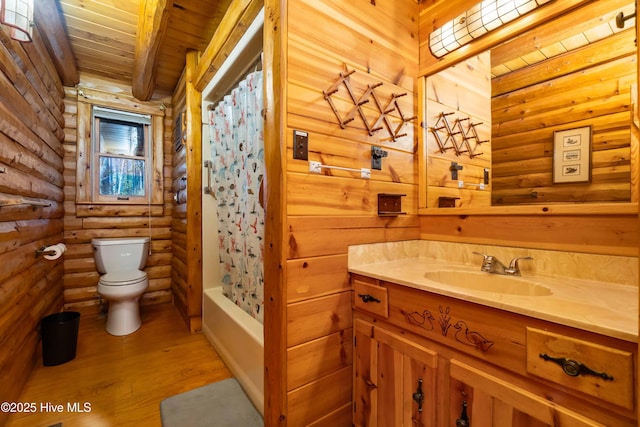 full bathroom with beam ceiling, wooden ceiling, hardwood / wood-style floors, toilet, and shower / tub combo