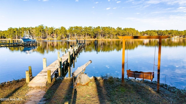 view of dock with a water view