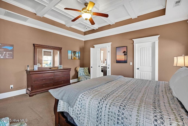 bedroom featuring coffered ceiling, carpet floors, ceiling fan, ornamental molding, and beam ceiling